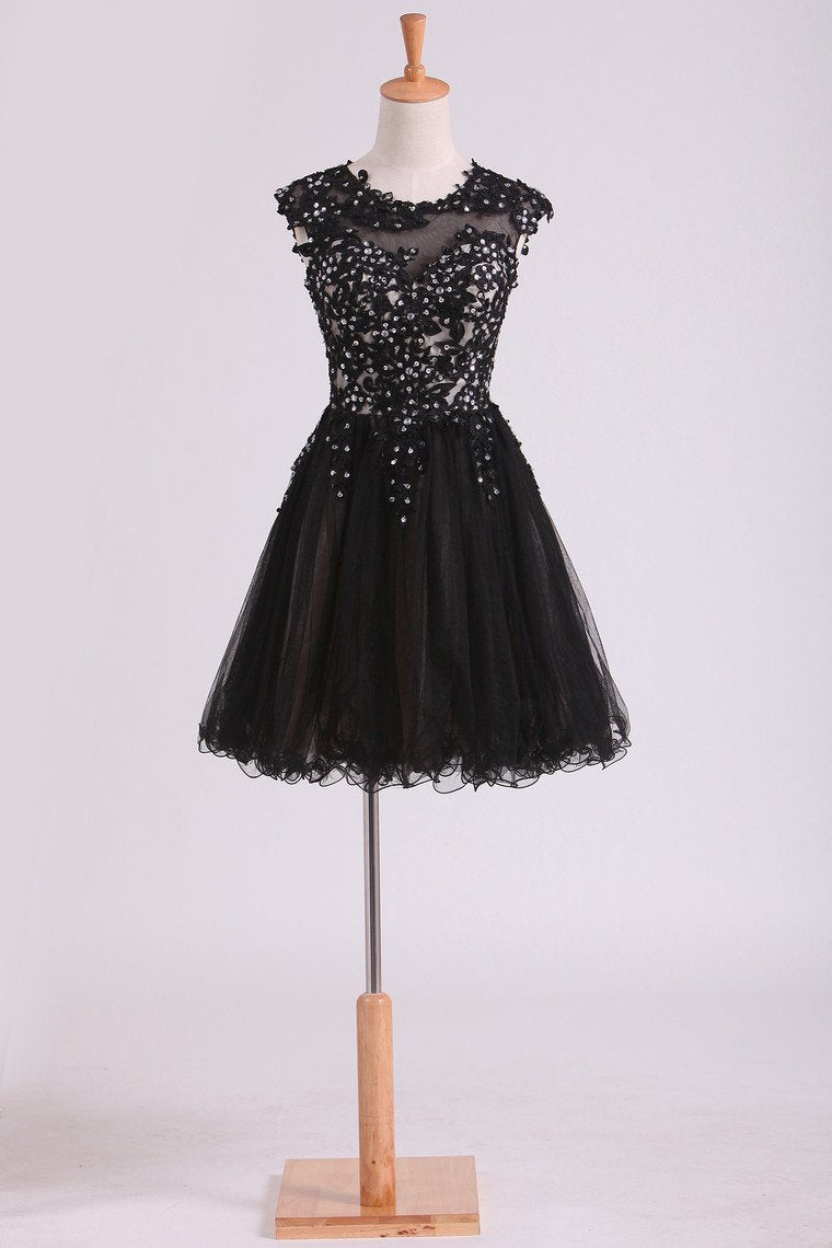 2024 Black Scoop Short/Mini Homecoming Dresses A Line Tulle With Applique And Beading
