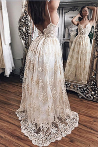 Pretty Champagne Lace Open Back V-Neck Prom Dresses Wedding Dresses