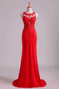 2024 Popular Scoop Column Prom Dresses With Beading And Applique