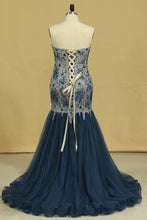 Load image into Gallery viewer, 2023 Strapless Mermaid Prom Dresses Tulle &amp; Lace With Rhinestones And Beads Plus Size