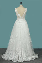 Load image into Gallery viewer, 2024 Open Back V Neck Wedding Dresses A Line Tulle With Applique
