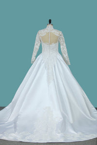 2023 A Line Long Sleeves High Neck Tulle With Applique Chapel Train Detachable Wedding Dresses
