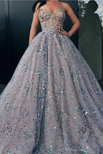 Load image into Gallery viewer, Princess Strapless Sweetheart Beads Ball Gown Rhinestone Prom Dress with Long Sparkly SRS15308