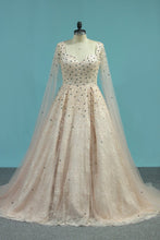 Load image into Gallery viewer, 2024 A Line Tulle Prom Dresses With Beading Sweep Train New Arrival