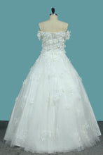 Load image into Gallery viewer, 2024 Off The Shoulder Tulle A Line Wedding Dresses With Applique And Handmade Flower