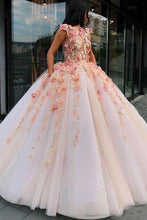Load image into Gallery viewer, Princess Ball Gown Pink Tulle Prom Dresses with Handmade Flowers, Quinceanera SRS15658