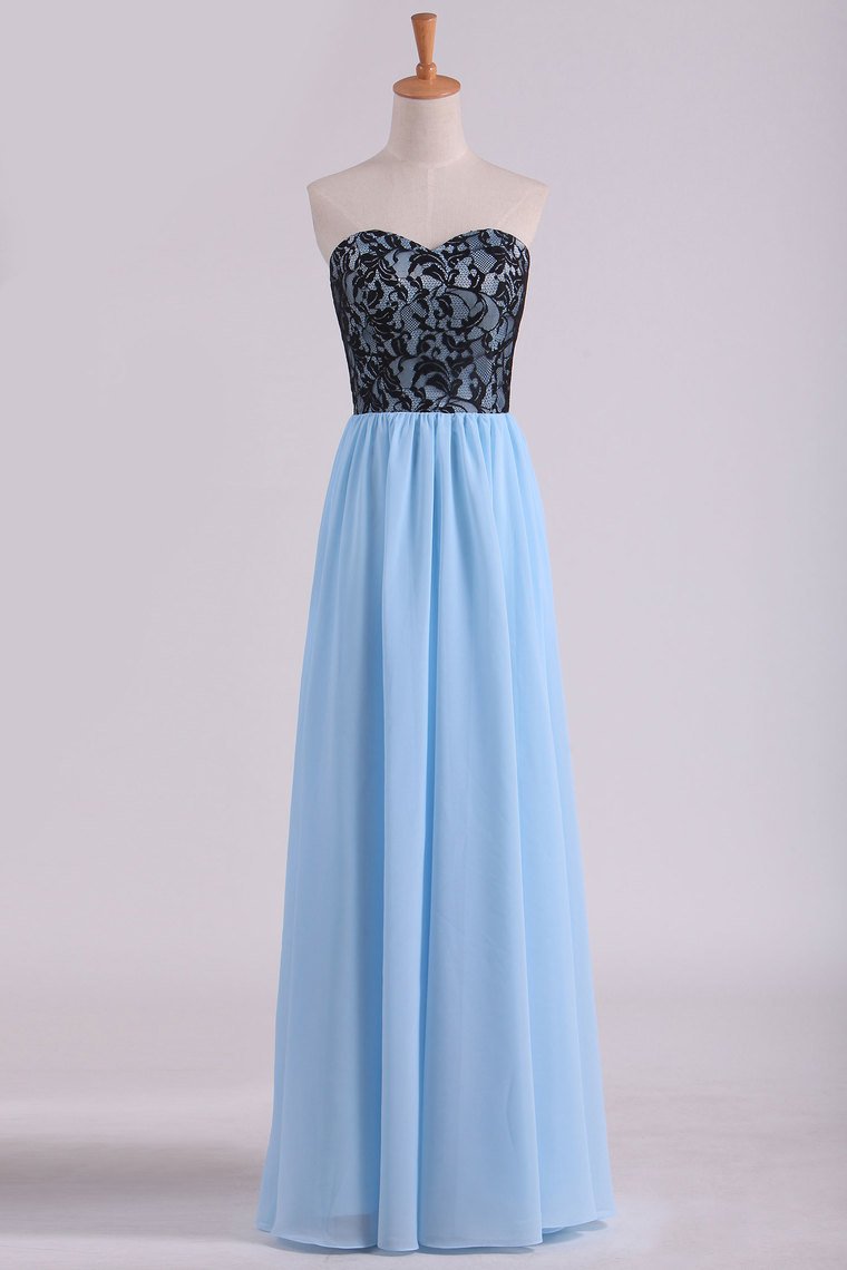 2024 Sweetheart A Line Floor Length Chiffon Prom Dress With Black Lace