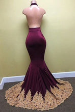 Load image into Gallery viewer, 2024 Spandex Halter With Applique Mermaid Sweep Train Prom Dresses