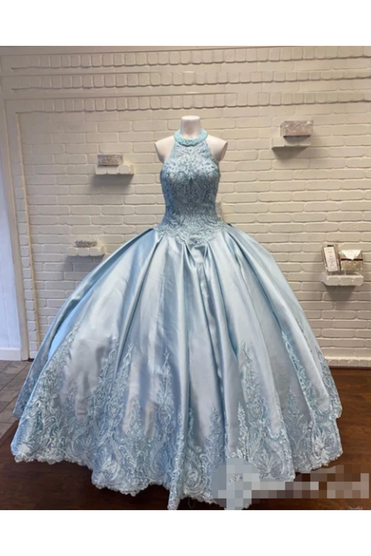 Halter Neckline Rhinestone And Crystal Beaded Quinceañera Dress Satin Ball Gown Prom SRSPZQM9EC2