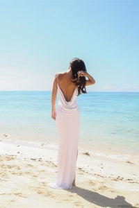 Simple Sexy Open Back Beach Side Slit Spaghetti Straps Summer White Wedding Dresses RS22