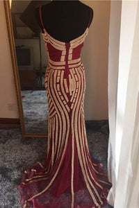 Luxurious Mermaid Spaghetti Straps V-Neck Sparkly Open Back Prom Dress Party Dress RS467