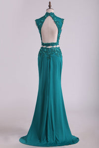 2024 Two Pieces High Neck Sheath Prom Dresses With Applique And Beads