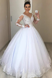 Buy Ball Gown Illusion Sleeves White Wedding Dress With Lace Appliques ...