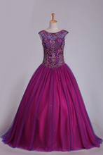 Load image into Gallery viewer, 2024 Quinceanera Dresses Cap Sleeves Beaded Bodice Tulle Court Train