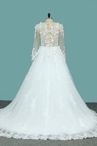 2023 Gorgeous Wedding Dresses A-Line Scoop Long Sleeves Tulle With Applique Chapel Train