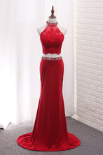 Load image into Gallery viewer, 2023 High Neck Spandex Two Pieces Prom Dresses With Applique And Beads Sweep Train