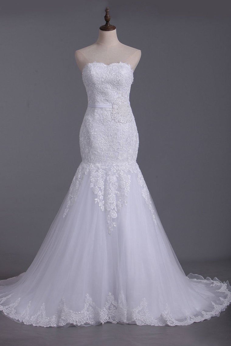 2024 White Sweetheart Wedding Dresses Tulle With Applique & Beads Mermaid/Trumpet