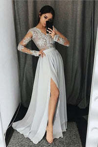2024 V Neck Long Sleeves Prom Dresses A Line With Applique And Slit