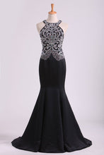 Load image into Gallery viewer, 2024 Black Scoop Mermaid Beaded Bodice Open Back Prom Dresses Satin Floor Length