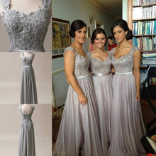 Load image into Gallery viewer, Lace Grey Long Chiffon Sexy Sweetheart Cap Sleeve A-Line Lace up Appliques Bridesmaid Dresses RS46