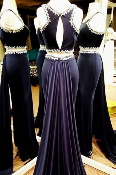 Deep relvet beading round neck two pieces long prom dress