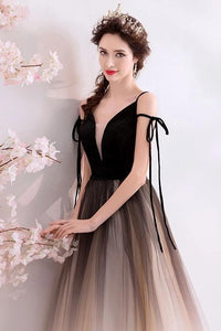 Spaghetti Straps Black Deep V Neck Formal Dress, Floor Length Tulle Ombre Prom Dresses SRS15409