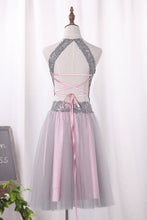 Load image into Gallery viewer, 2024 Two Pieces Halter Homecoming Dresses A Line Tulle Short/Mini Lace Bodice