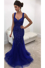 Load image into Gallery viewer, 2024 Sexy Open Back Straps Beaded Bodice Prom Dresses Mermaid Tulle