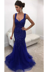 2024 Sexy Open Back Straps Beaded Bodice Prom Dresses Mermaid Tulle