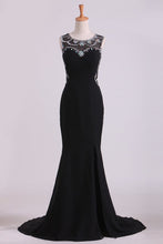 Load image into Gallery viewer, 2024 Black Prom Dresses Scoop Neckline Mermaid Chiffon With Beads And Slit