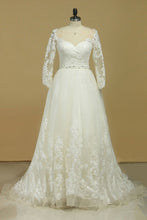 Load image into Gallery viewer, 2024 Plus Size Bateau Wedding Dresses 3/4 Length Sleeve With Applique Tulle