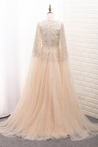 2024 Shiny A Line Prom Dresses Scoop Tulle With Beading & Rhinestones Sweep Train