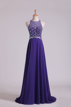 Load image into Gallery viewer, 2024 Hot Prom Dresses A Line Scoop Beaded Bodice Chiffon Sweep Train