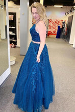 Load image into Gallery viewer, Sparkly Two Pieces Mykonos Blue Appliques Spaghetti Straps Prom SRS15674