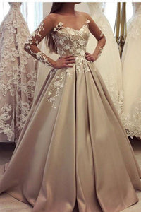 Elegant Sweetheart Long Sleeves Satin A Line Prom Dresses with Appliques