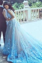 Load image into Gallery viewer, Charming Long Gorgeous Blue Lace Applique Prom Dresses Evening Dresses
