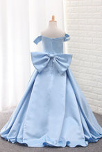 Load image into Gallery viewer, 2023 Satin A Line Off The Shoulder Asymmetrical Flower Girl Dresses With Bow Knot