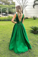 Load image into Gallery viewer, Elegant A Line Sexy V Neck Long Satin Backless Prom Dresses Evening SRSPXJT6JHK