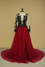 Load image into Gallery viewer, 2024 Long Sleeves Scoop Tulle With Slit And Applique A Line Prom Dresses