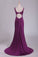 2024 Grape Prom Dresses Straps Open Back Spandex With Ruffles Sweep Train