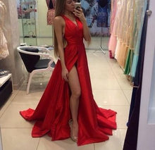 Load image into Gallery viewer, 2024 Red Off-the-Shoulder Long V-Neck Slit Sleeveless Simple Elegant Prom Dresses RS832