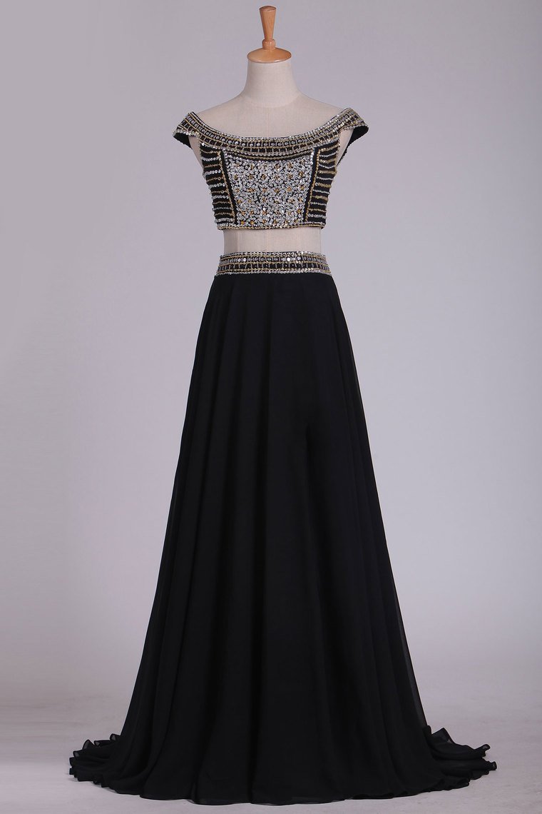 2024 Off The Shoulder Two-Piece A Line Prom Dresses Chiffon With Beading Floor Length