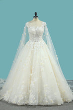 Load image into Gallery viewer, 2023 Tulle A Line Scoop Wedding Dresses With Beading Chapel Train Lace Up