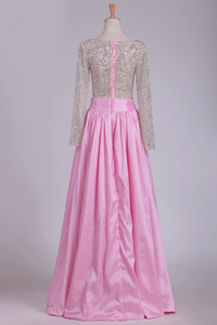 2024 Long Sleeves V Neck Prom Dresses Taffeta With Beading Floor Length A Line