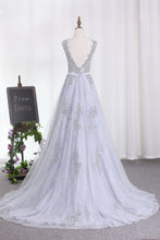 Load image into Gallery viewer, 2023 Sexy Open Back A Line Prom Dresses Scoop Tulle With Applique