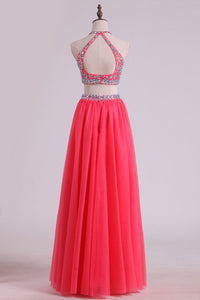 2023 Two Pieces Halter Prom Dresses A Line Tulle With Beading Floor Length