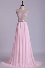 Load image into Gallery viewer, 2024 Heavily Beaded Bodice Scoop A Line Prom Dresses Chiffon Open Back