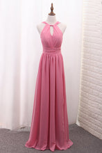 Load image into Gallery viewer, 2023 Scoop A Line Chiffon Bridesmaid Dresses With Ruffles And Slit Floor Length