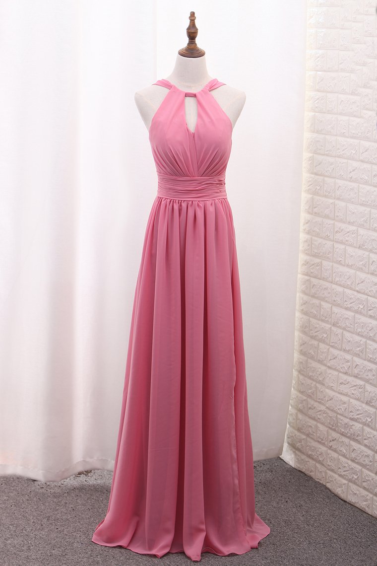 2023 Scoop A Line Chiffon Bridesmaid Dresses With Ruffles And Slit Floor Length