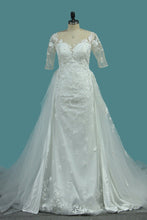 Load image into Gallery viewer, 2024 Scoop Sheath Tulle Detachable Train Wedding Dresses With Applique